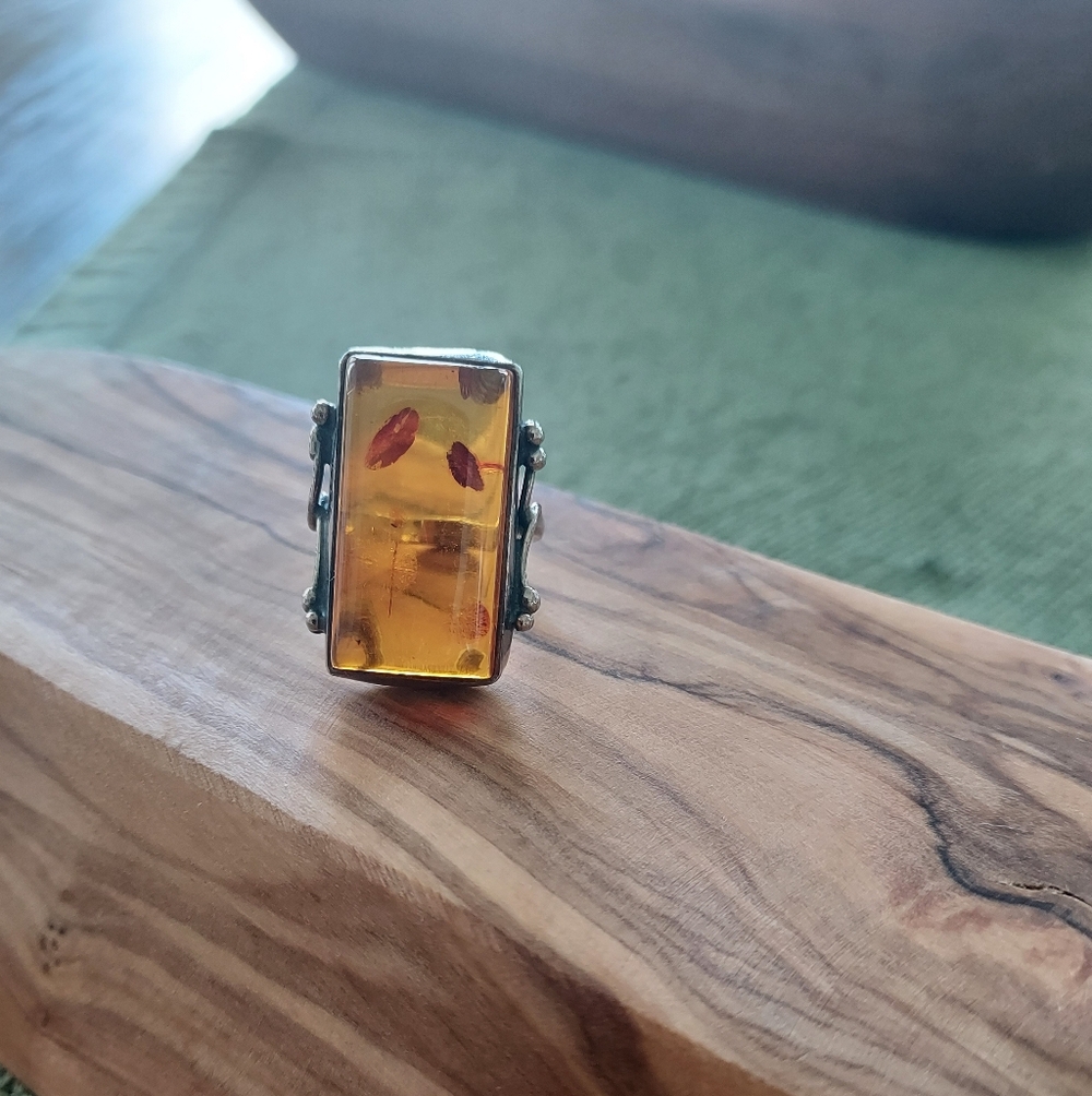 Amber Rectangular Ring With Silver Band - image 1